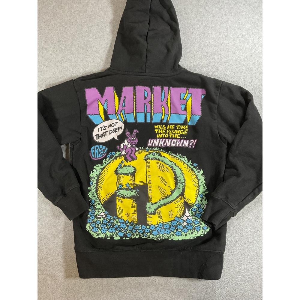 Market x Smiley Graphic Hoodie Black Mens Small Comic Rabbit Sweatshirt 1558
